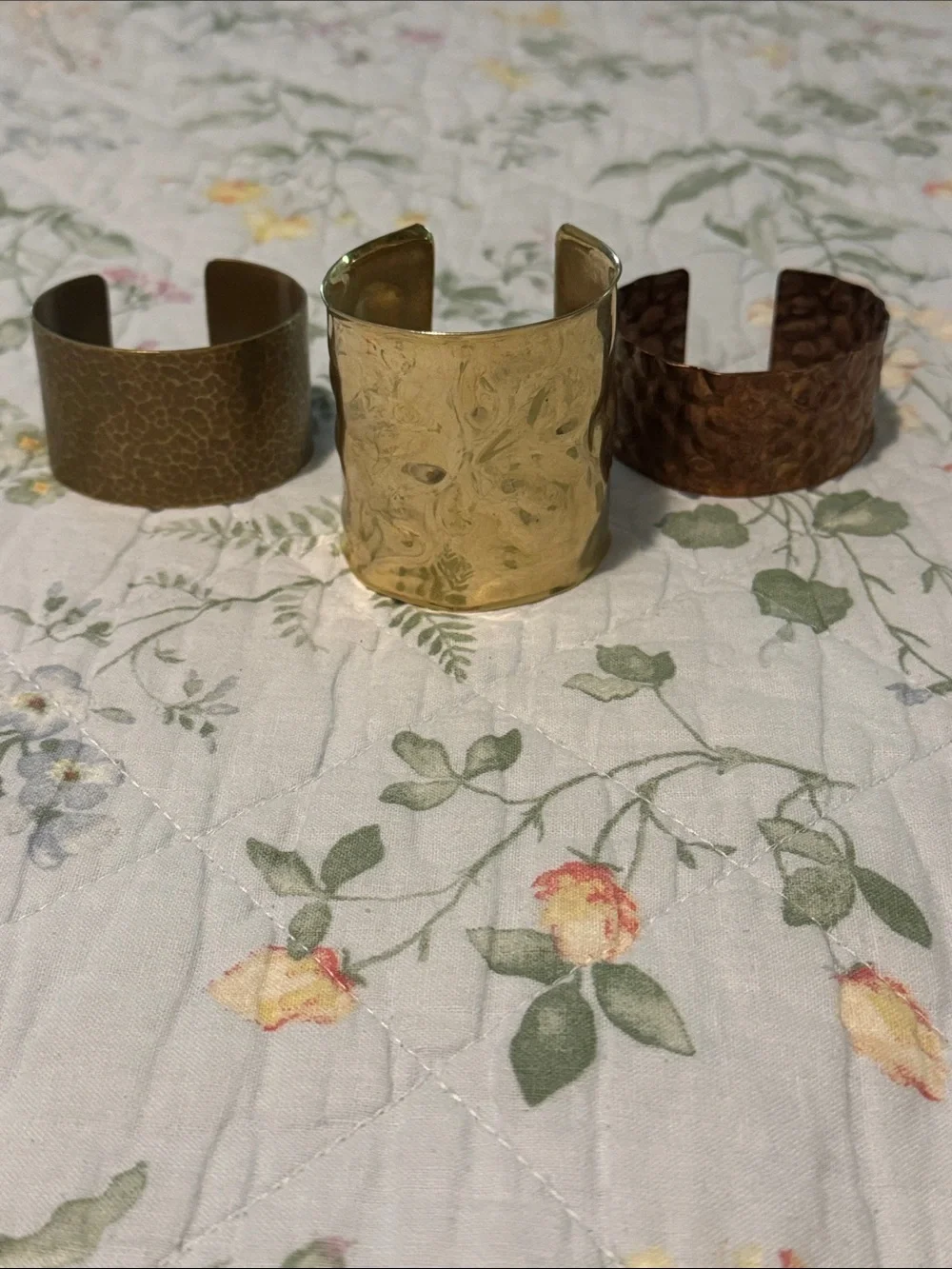 Set of Three Hammered Metal Cuff Bracelets - Gold, Brass, Copper Tones